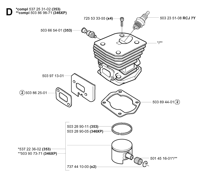 Cylinder Piston Diagram and Parts List for 346XP 20041000001-20070799999 Husqvarna Chainsaw