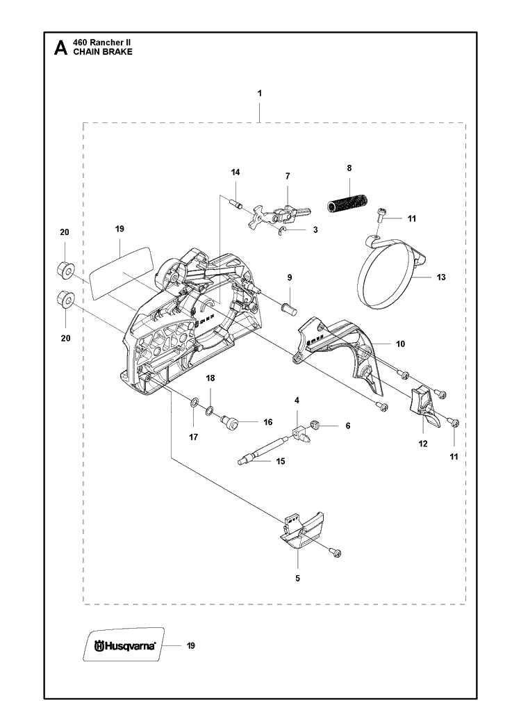 Chain Brake Diagram and Parts List for 460 RANCHER II Husqvarna Chainsaw