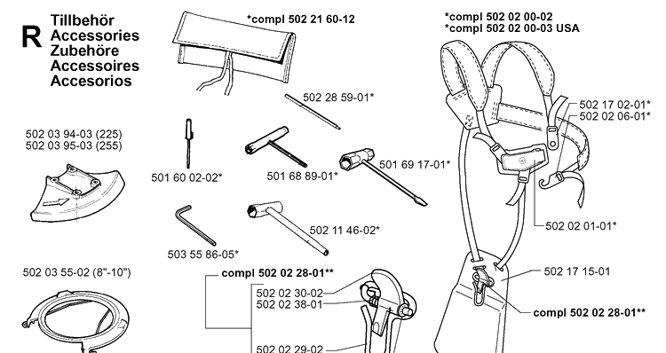 Accessories Diagram and Parts List for 265RX 19991000001-20012600000 Husqvarna Brush Cutter