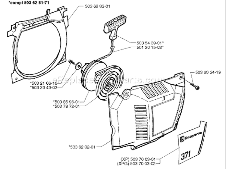 Page K Diagram and Parts List for 371 1996-09 Husqvarna Chainsaw