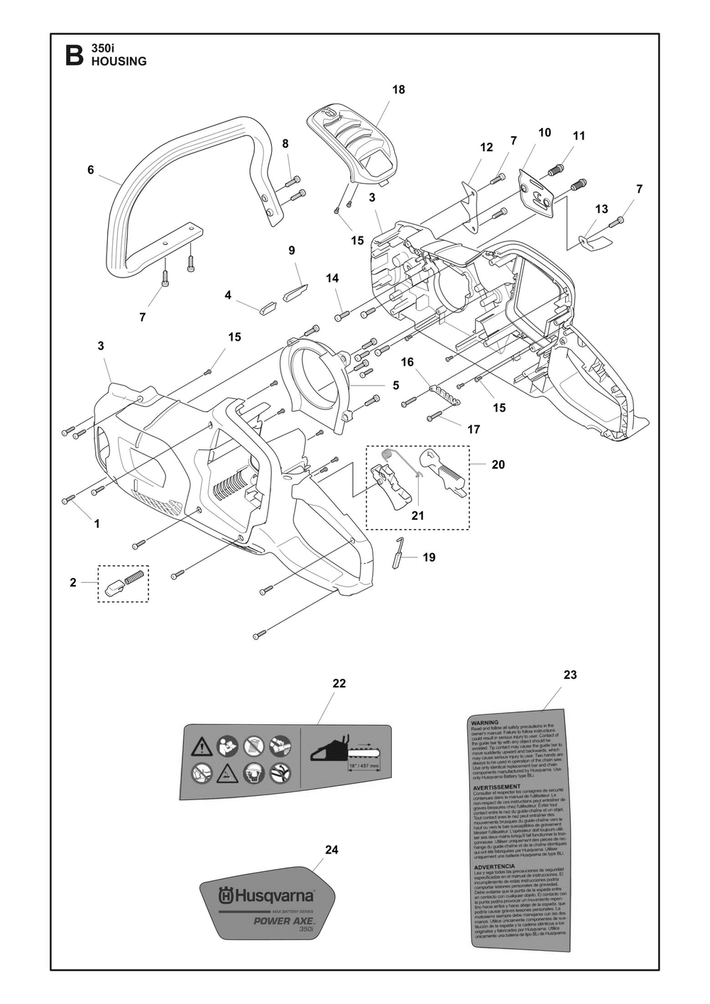 Housing Diagram and Parts List for 350I  Husqvarna Chainsaw
