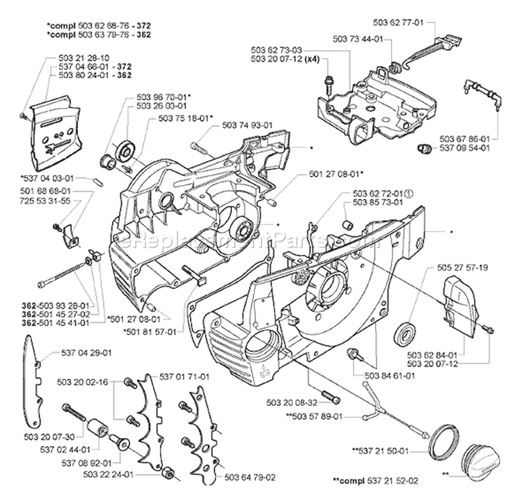 Page E Diagram and Parts List for 372 2005-05 Husqvarna Chainsaw