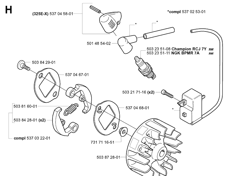 Ignition System And Clutch Diagram and Parts List for 322E 20010100001-Current Husqvarna Edger