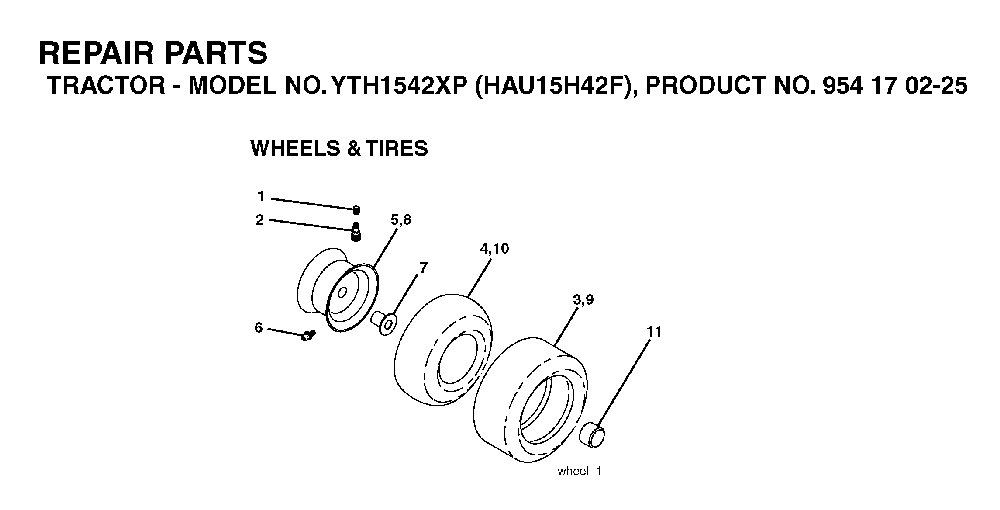 Wheels And Tires Diagram and Parts List for YTH1542XP (HAU15H42F, 954170225)(2004-09) Husqvarna Lawn Tractor