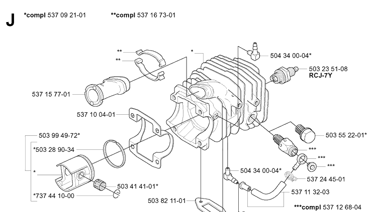 Cylinder Piston Diagram and Parts List for 334T 20034400001-20040100000 Husqvarna Chainsaw