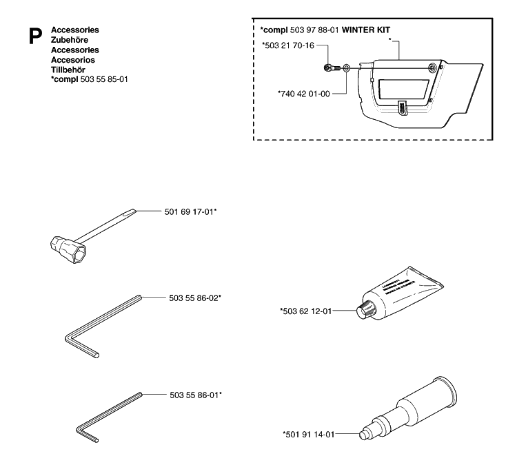 Accessories Diagram and Parts List for 359 20070900001-Current Husqvarna Chainsaw