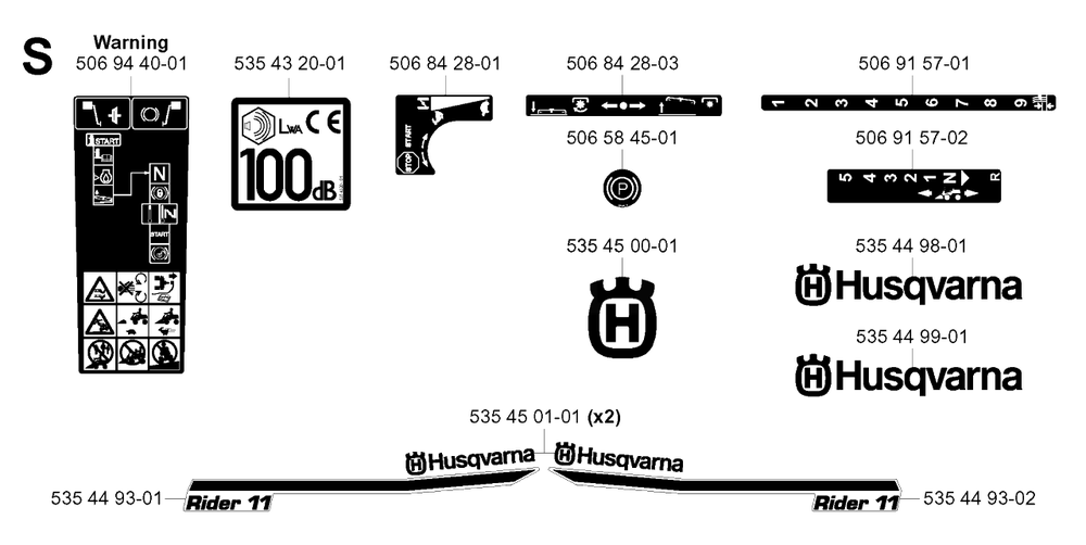 Decals Diagram and Parts List for R11 (953519401)(2004-01) Husqvarna Lawn Tractor