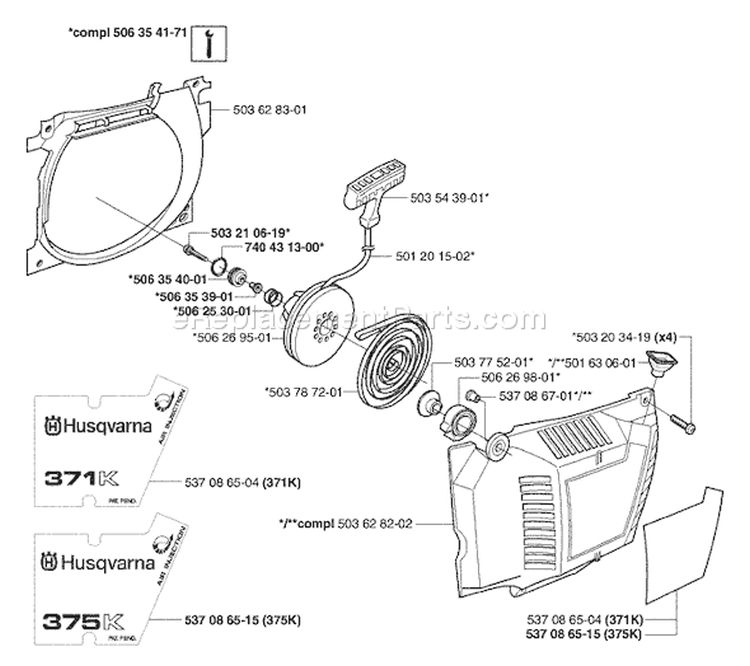 Page M Diagram and Parts List for 371K 371 K 2003-08 Husqvarna Chainsaw