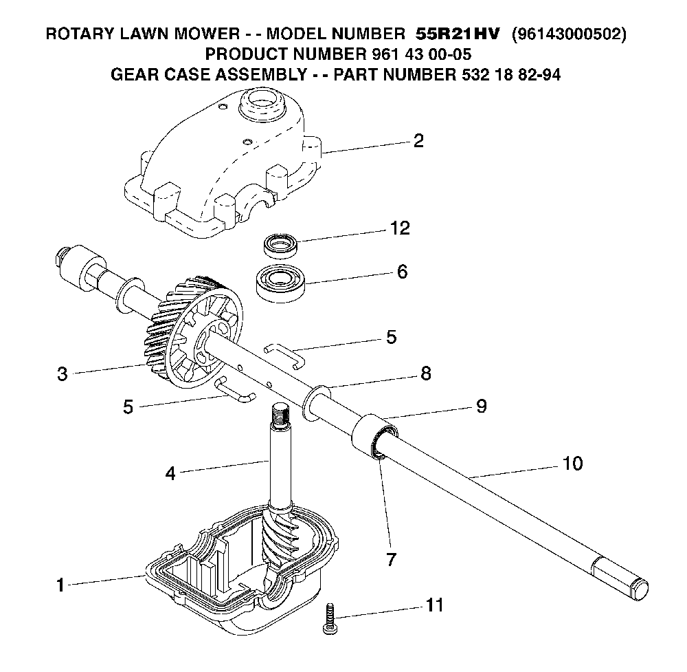 Gear Case Diagram and Parts List for 55R21HV (96143000502, 532188294)(2005-11) Husqvarna Lawn Mower