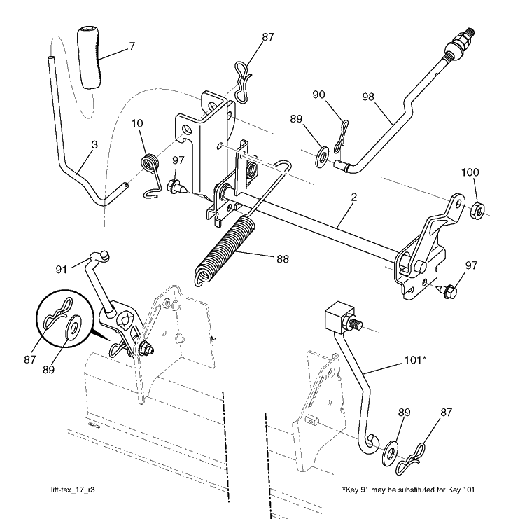Mower Lift Lever Diagram and Parts List for YTH2042-250180 2012-01 Husqvarna Lawn Tractor