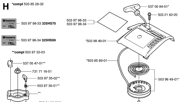 Starter Diagram and Parts List for 325HS99 (X-SERIES)(20030100001-20063600000) Husqvarna Hedge Trimmer