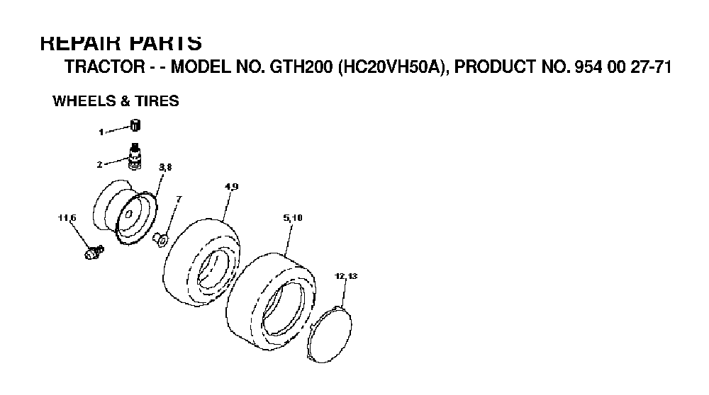 Wheels And Tires Diagram and Parts List for GTH200 (HC20VH50A, 954002771)(1996-04) Husqvarna Lawn Tractor