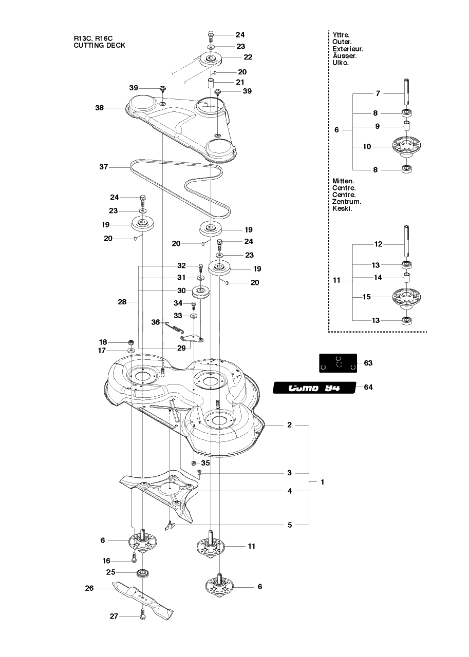 Mower Deck / Cutting Deck 2 Diagram and Parts List for R13C (965094301)(2010-07) Husqvarna Lawn Tractor