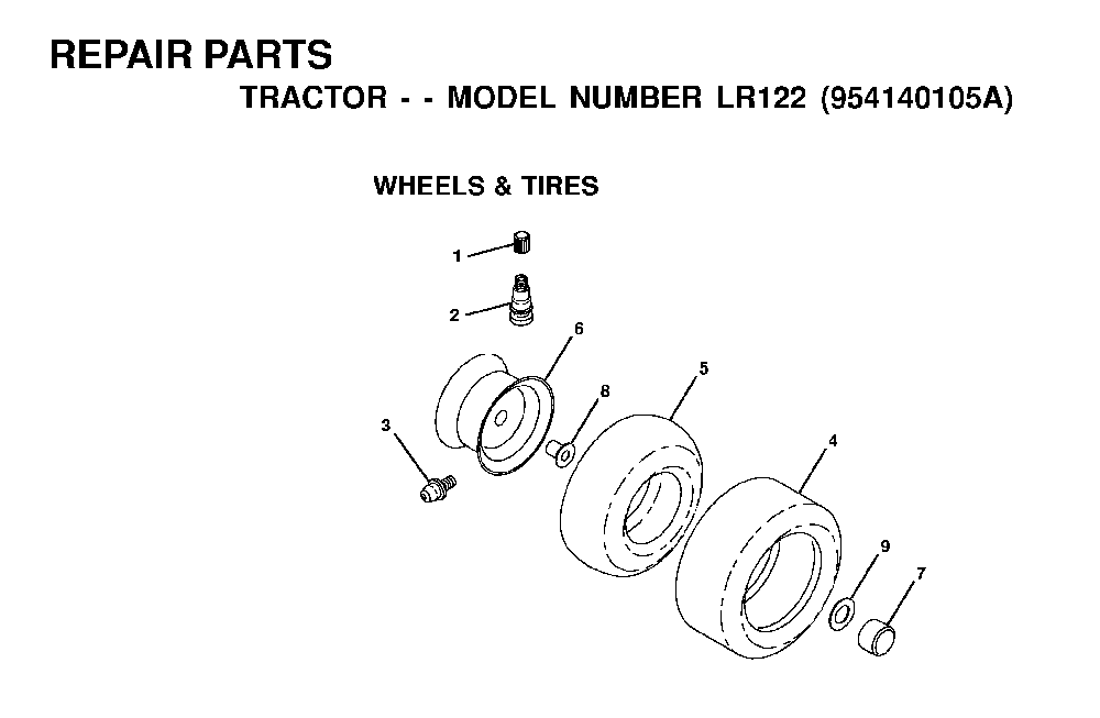 Wheels And Tires Diagram and Parts List for LR122 (954140105A)(1999-09) Husqvarna Lawn Tractor