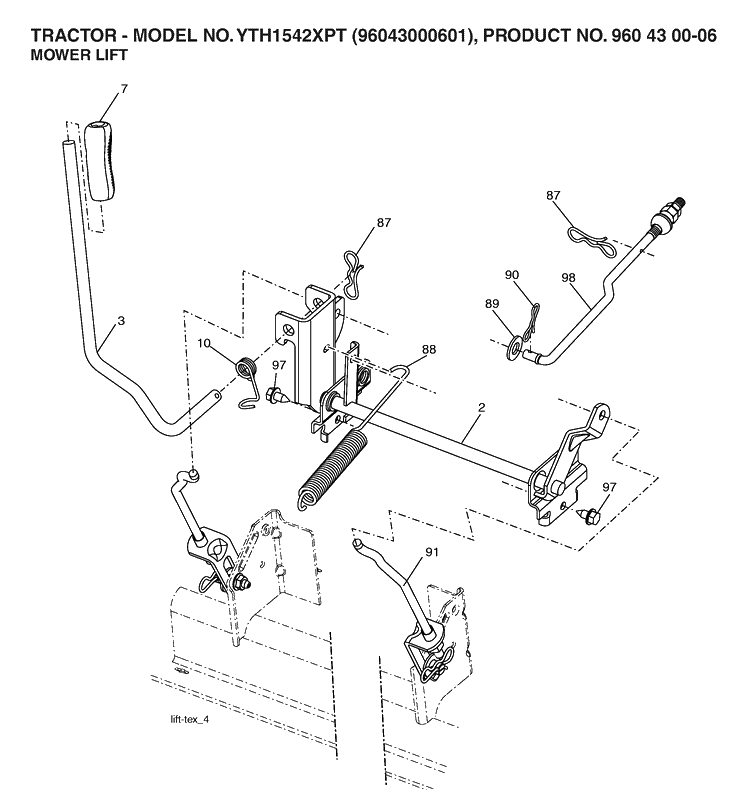 Mower Lift / Deck Lift Diagram and Parts List for YTH1542XP (96043000601)(2006-03) Husqvarna Lawn Tractor