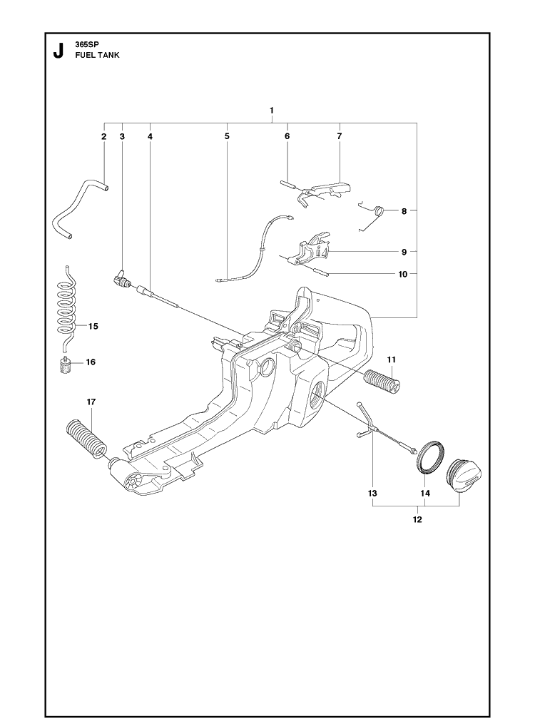 Fuel Tank Diagram and Parts List for 365 20111900001-20135199999 Husqvarna Chainsaw