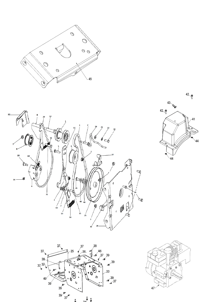 Chassis, Engine And Pulleys Diagram and Parts List for ST324  Husqvarna Snow Blower