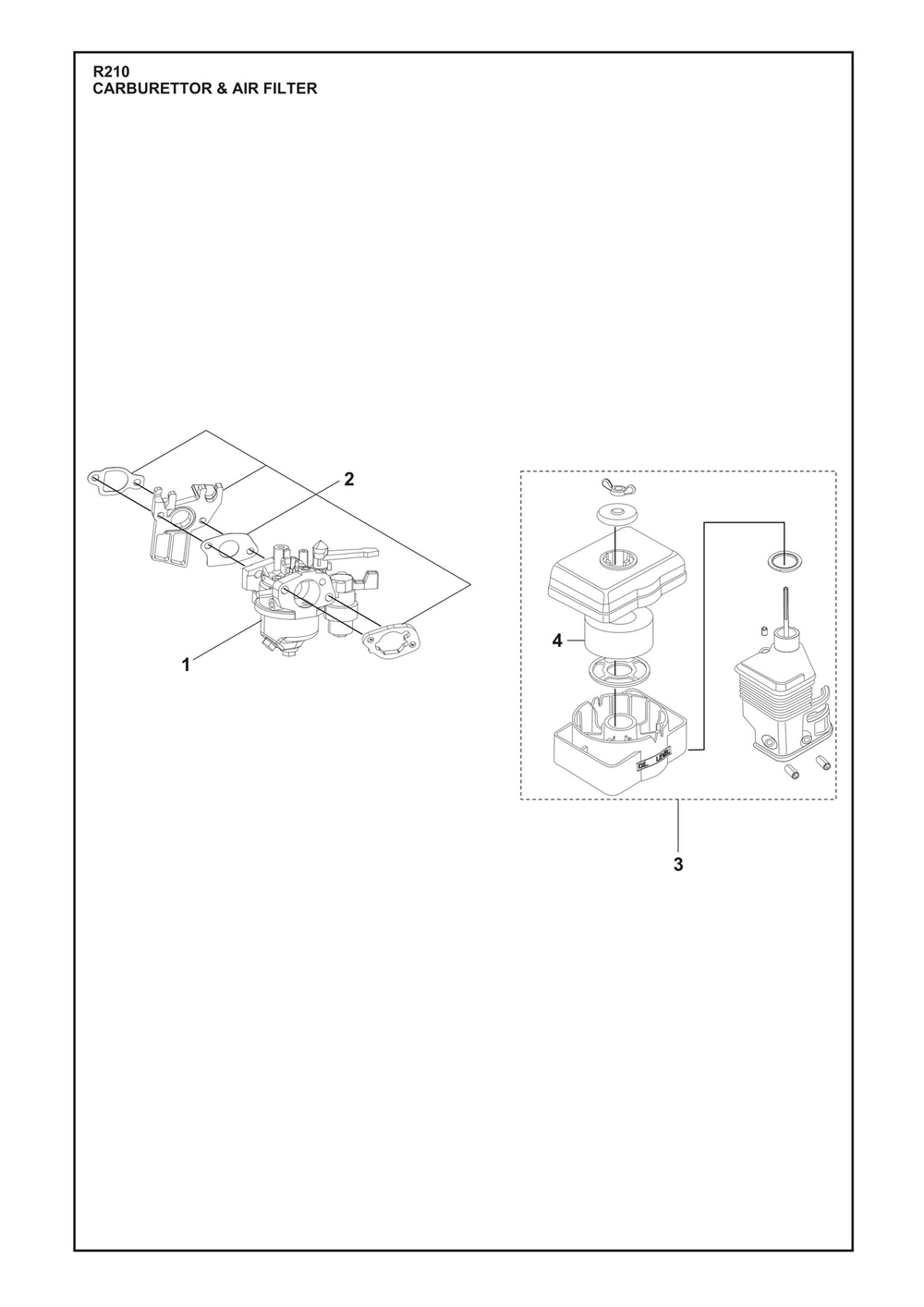 Carburetor And Air Filter Diagram and Parts List for R210  Husqvarna Engine