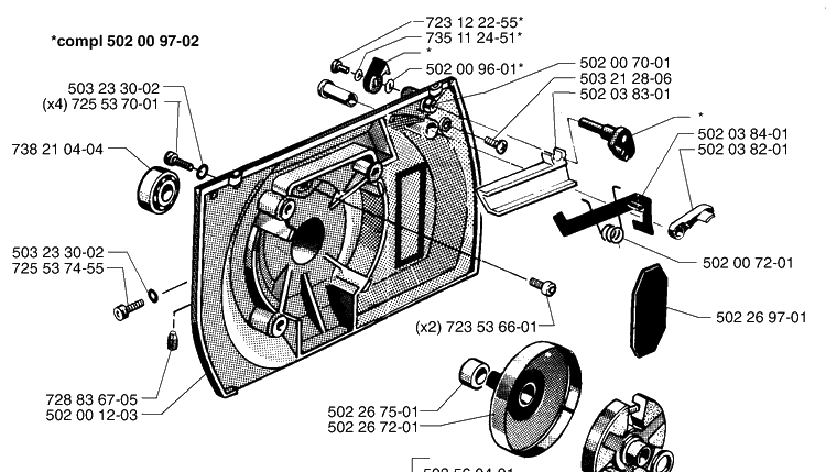 Back Plate Assembly Diagram and Parts List for 265RX 1999-03 Husqvarna Brush Cutter