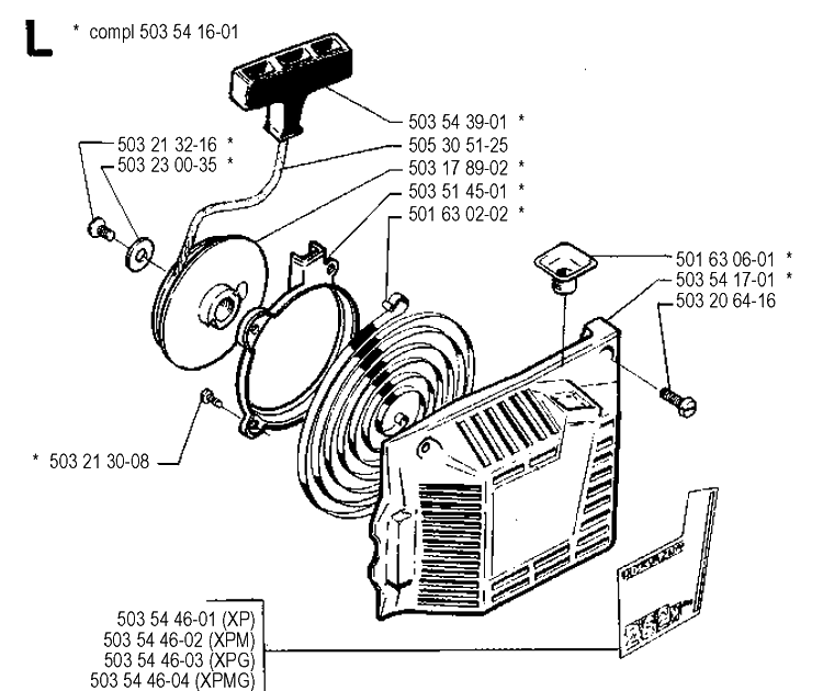 Starter Diagram and Parts List for 262XP 19900900001-19910900000 Husqvarna Chainsaw