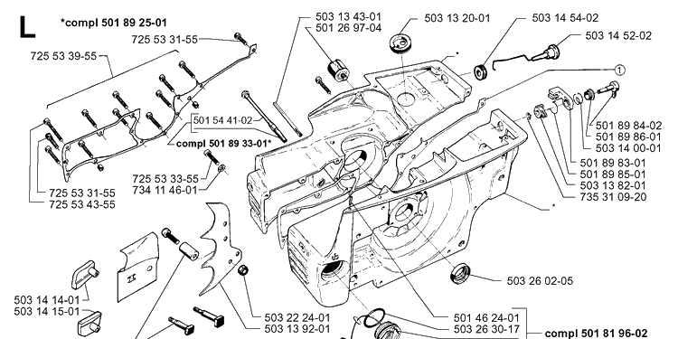 Crankcase Diagram and Parts List for 3120 19980900001-20000600000 Husqvarna Chainsaw