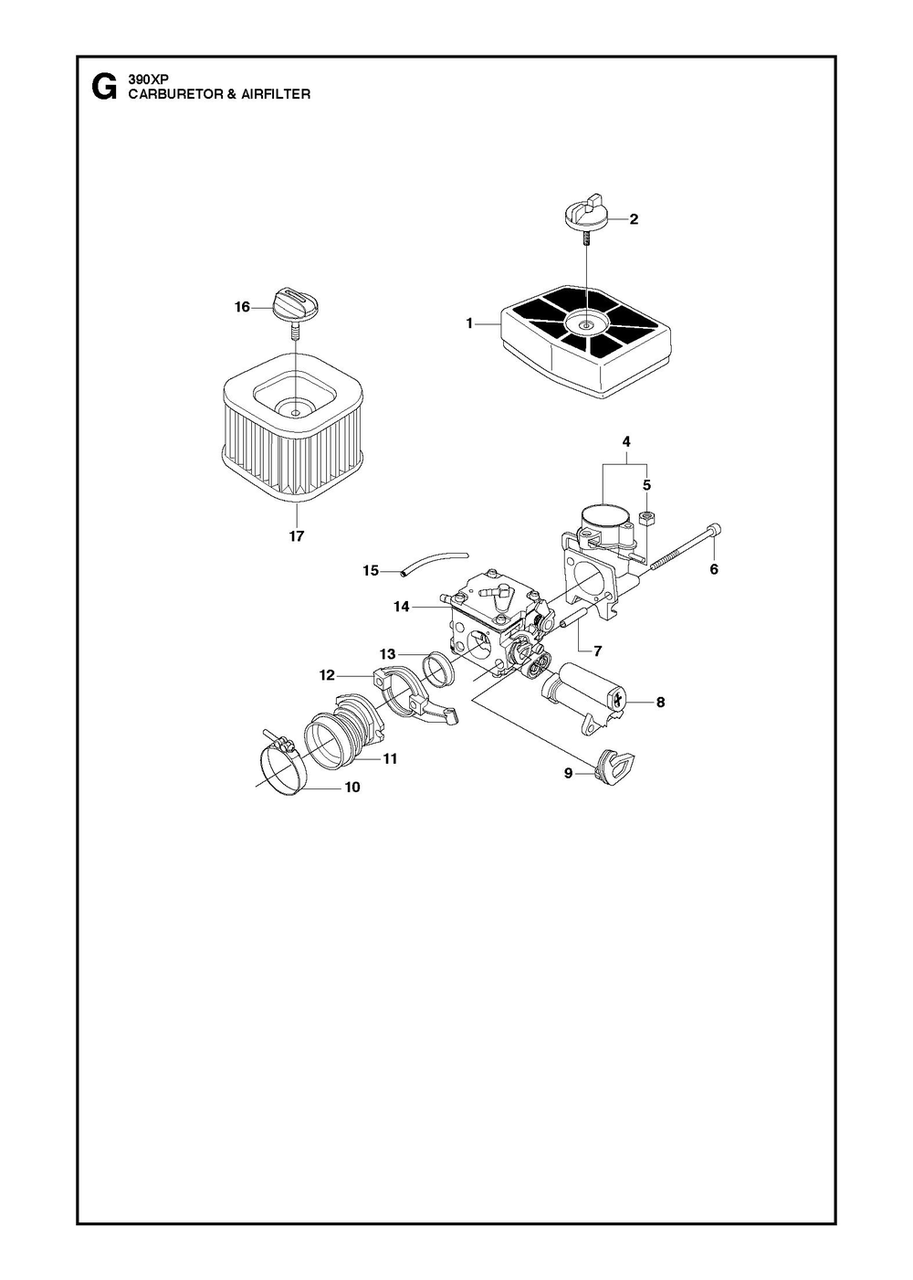 Carburetor And Air Filter Diagram and Parts List for 390XP-390XPG 390 XP W - 390 XP GW Husqvarna Chainsaw