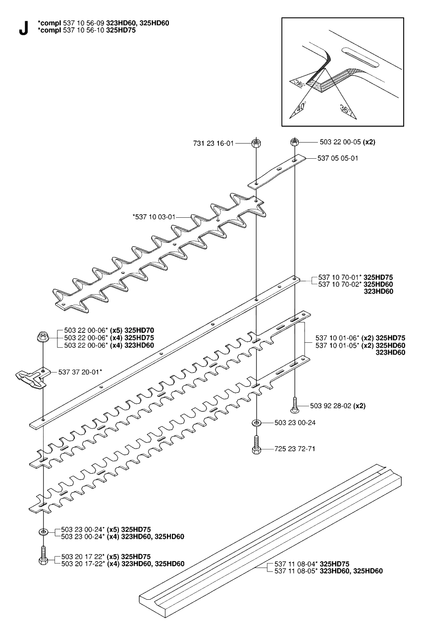 Cutting Equipment Diagram and Parts List for 325HD75X 20062300001 - 20081400000 Husqvarna Hedge Trimmer