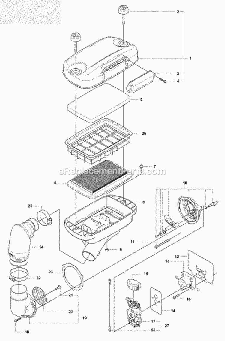 Carburetor  Air Filter Diagram and Parts List for 380BTS 2009-03 Husqvarna Leaf Blower / Vacuum