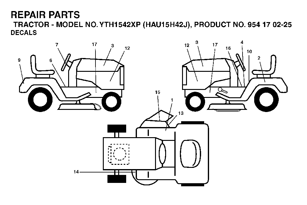 Decals Diagram and Parts List for YTH1542XP (HAU15H42J, 954170225)(2004-09) Husqvarna Lawn Tractor