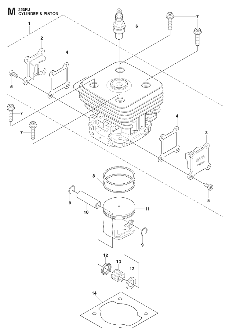 Cylinder Piston Diagram and Parts List for 253RJ 20091400001-20113200000 Husqvarna Brush Cutter