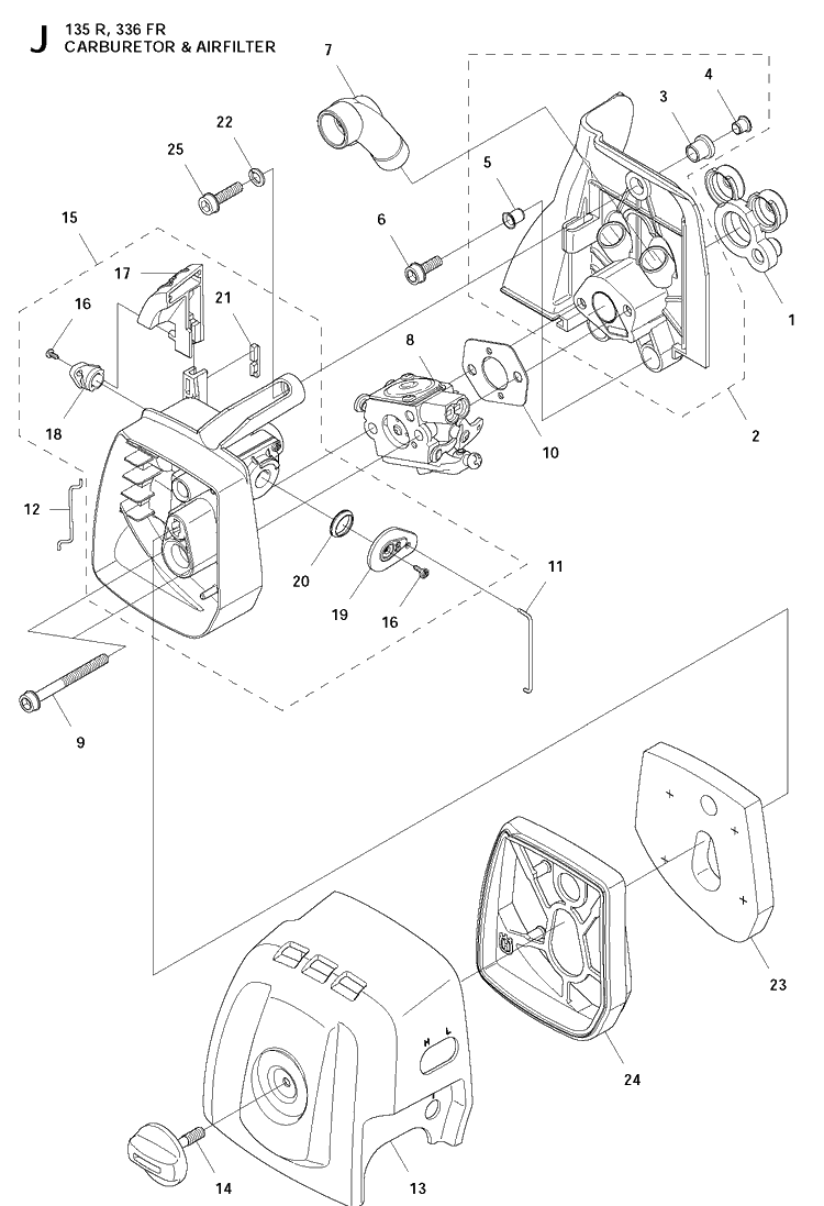Carburetor And Air Filter Diagram and Parts List for 135R  Husqvarna Brush Cutter