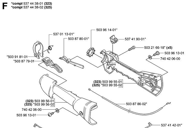 Handle And Controls Diagram and Parts List for 323HE3 20053600001-20054000000 Husqvarna Hedge Trimmer
