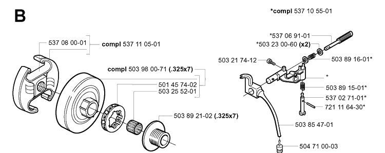 Clutch And Oil Pump Diagram and Parts List for 346XP 20041000001-20070799999 Husqvarna Chainsaw