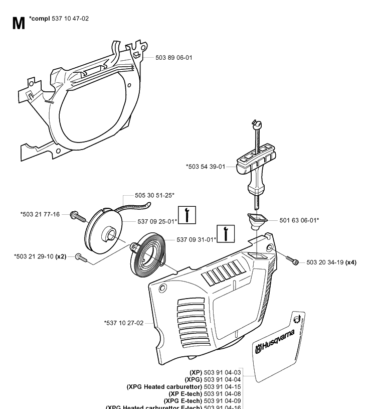 Starter Diagram and Parts List for 346XP 20032200001-20041000000 Husqvarna Chainsaw