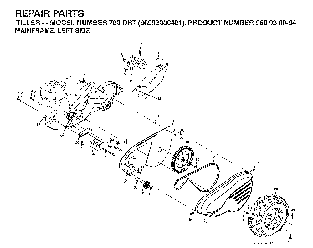 Mainframe, Left Side Diagram and Parts List for 700DRT (96093000401)(2006-02) Husqvarna Tiller