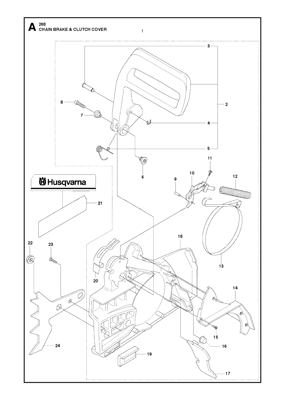 Chain Brake And Clutch Cover Diagram and Parts List for 268 20182200001 & Above Husqvarna Chainsaw