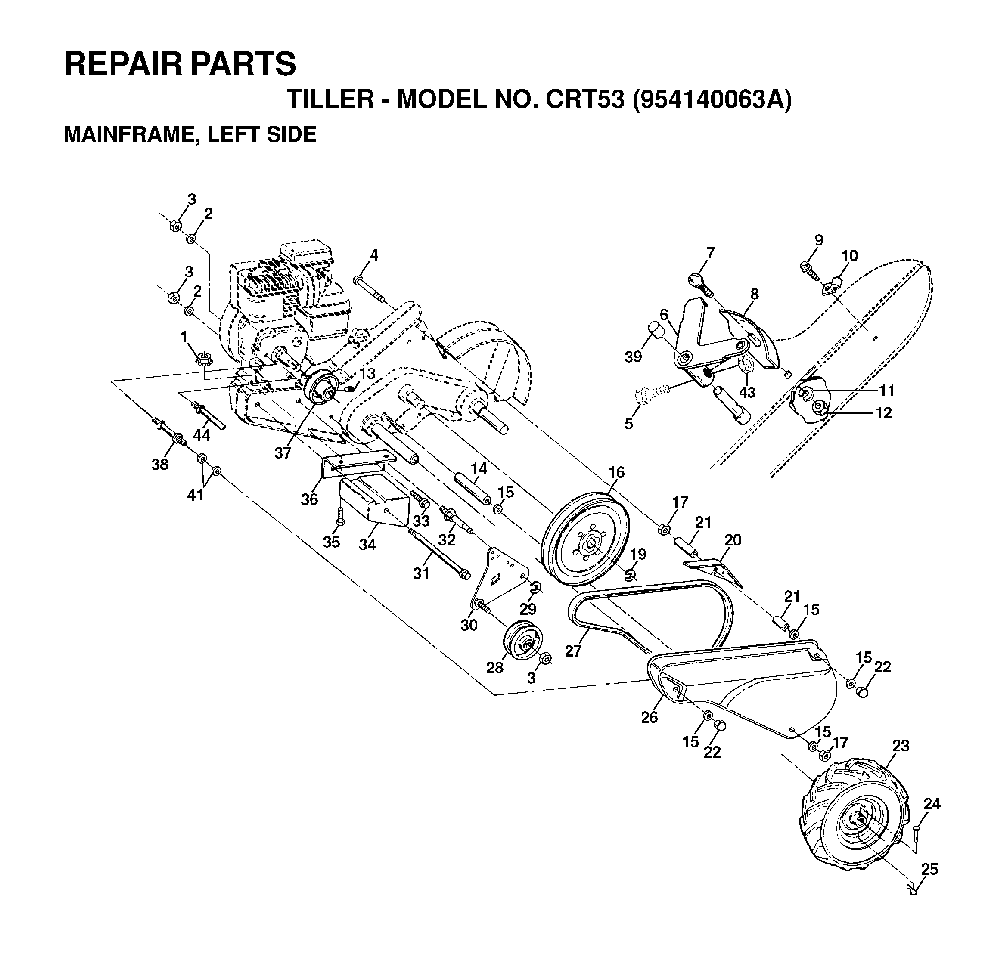 Mainframe, Left Side Diagram and Parts List for CRT53 (954140063A)(1998-02) Husqvarna Tiller