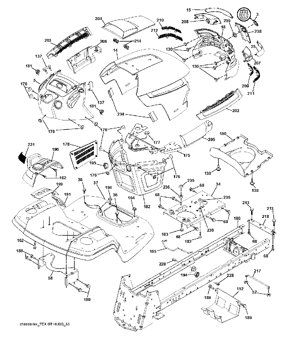 Chassis And Enclosures Diagram and Parts List for YTH2754T (96041006202)(2009-02) Husqvarna Lawn Tractor