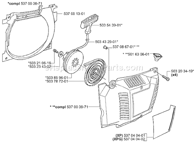 Page L Diagram and Parts List for 385XP EPA 2001-04 Husqvarna Chainsaw