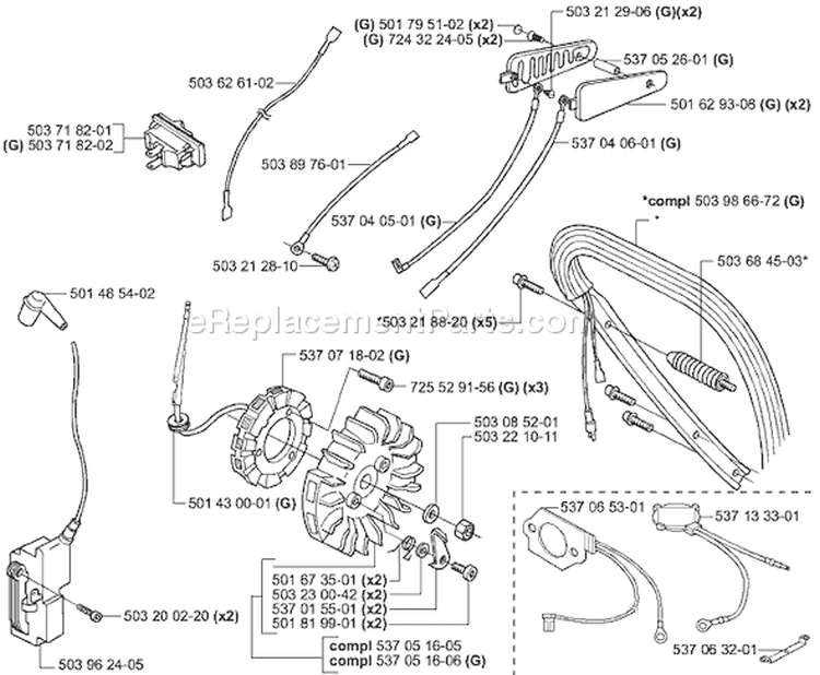 Page H Diagram and Parts List for 385XP EPA 2001-04 Husqvarna Chainsaw