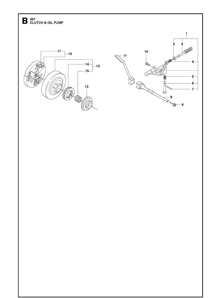 Clutch And Oil Pump Diagram and Parts List for 357XP 20100600001-20111800000 Husqvarna Chainsaw