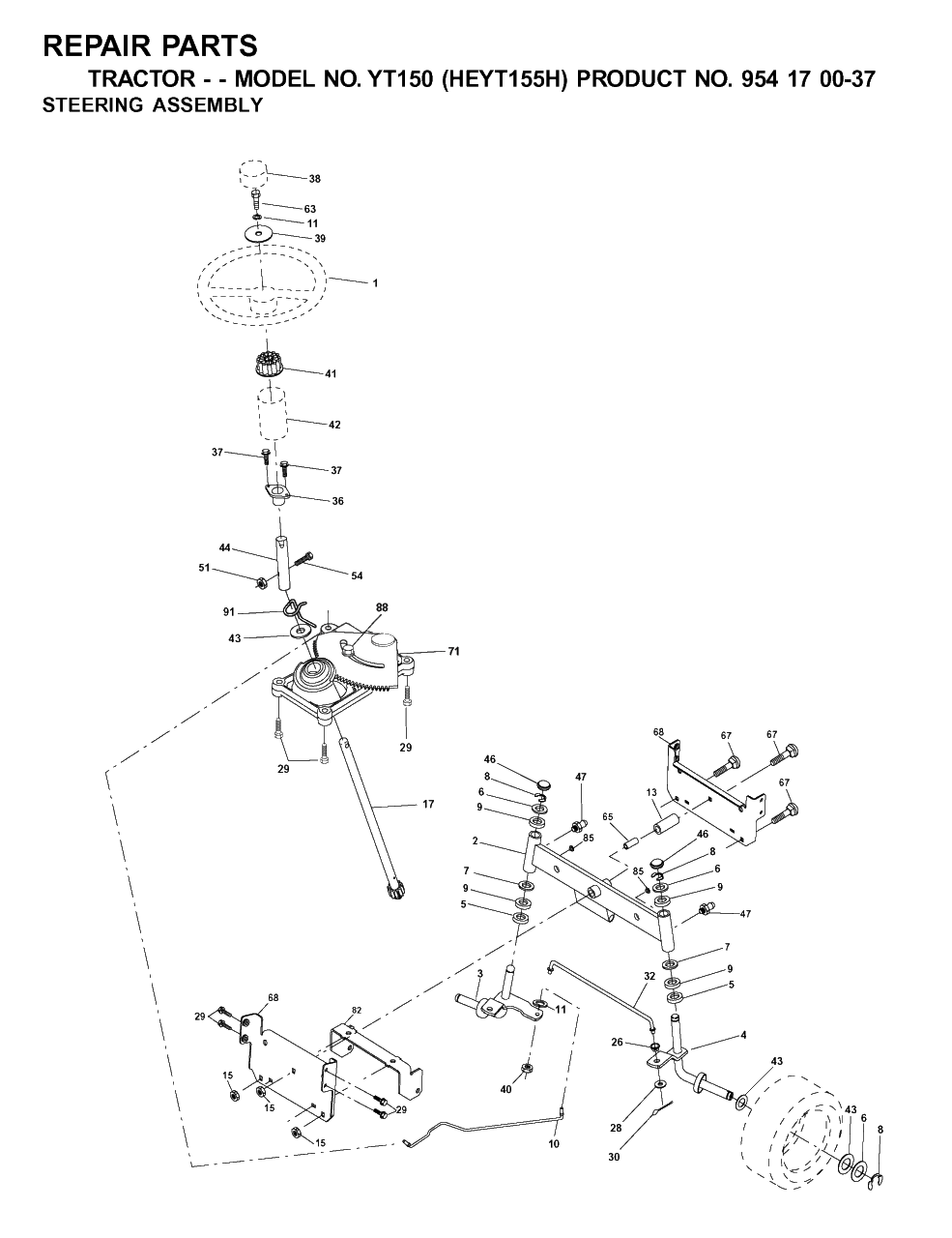 Steering Diagram and Parts List for YT150 (954170037-H)(2001-09) Husqvarna Lawn Tractor