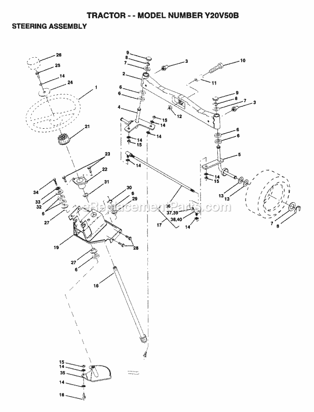 Steering Diagram and Parts List for Y20V50B 1995 Husqvarna Lawn Tractor