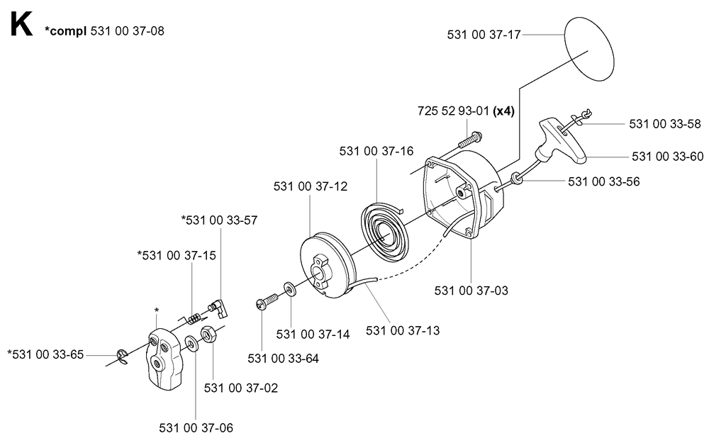 Starter Diagram and Parts List for 155B (20014000001-20041499999)(2001) Husqvarna Leaf Blower / Vacuum