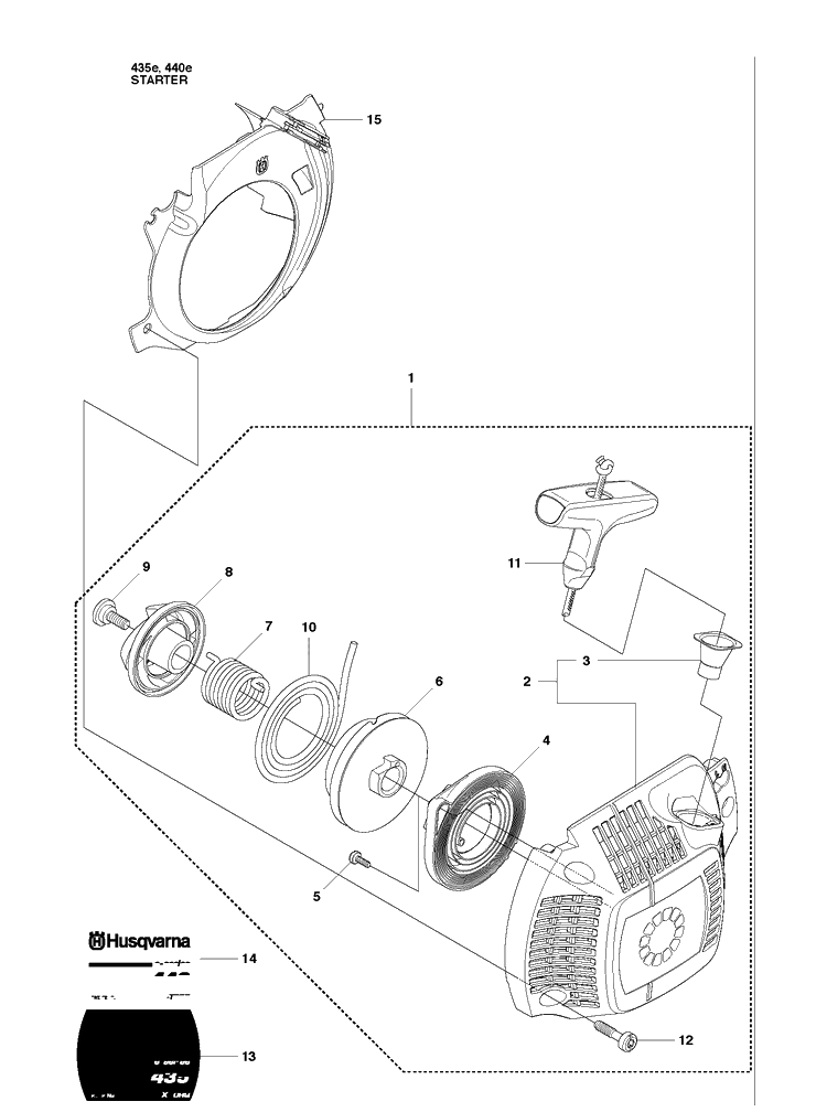 Starter Diagram and Parts List for 435 20102300001-20111800000 Husqvarna Chainsaw