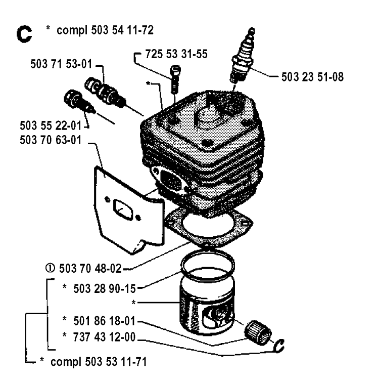 Cylinder Piston Diagram and Parts List for 262XP 19942300001-19960100000 Husqvarna Chainsaw