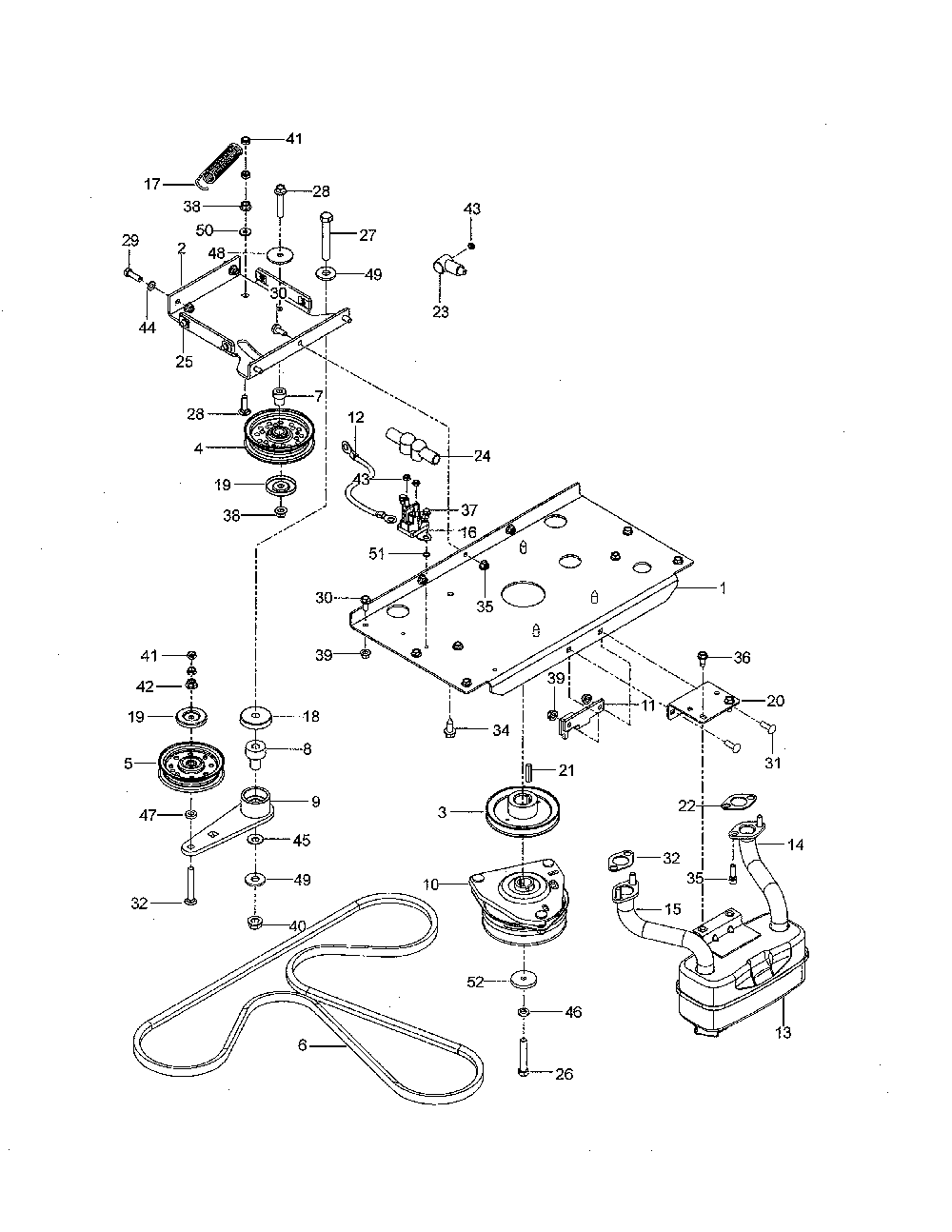 Engine mounting/guards/muffler Diagram and Parts List for 967334101-00  Husqvarna Lawn Mower