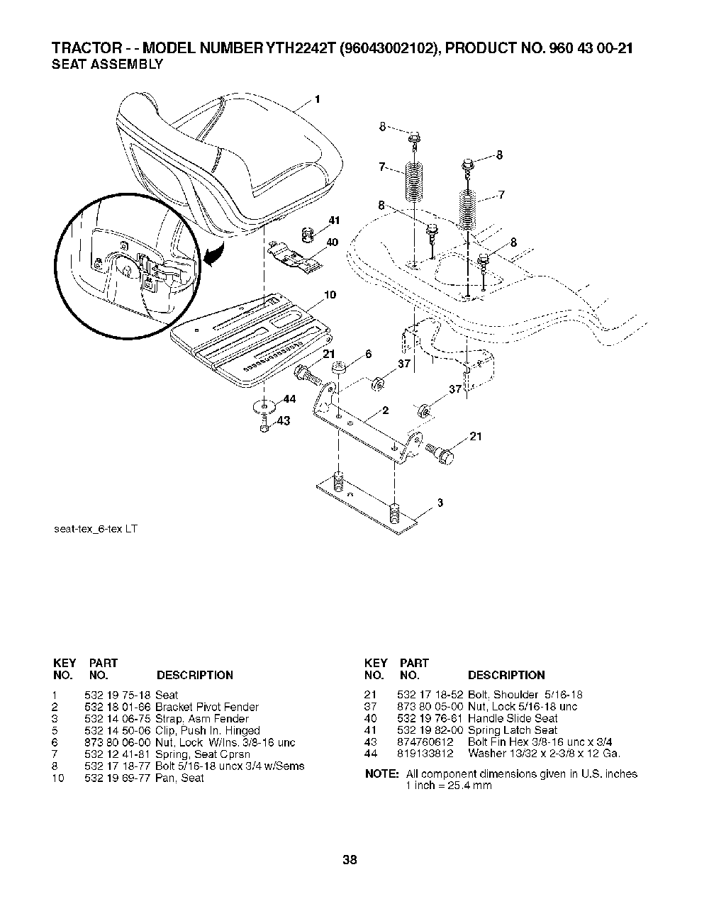 Seat Diagram and Parts List for YTH2242T96043002102 2008-01 Husqvarna Lawn Tractor