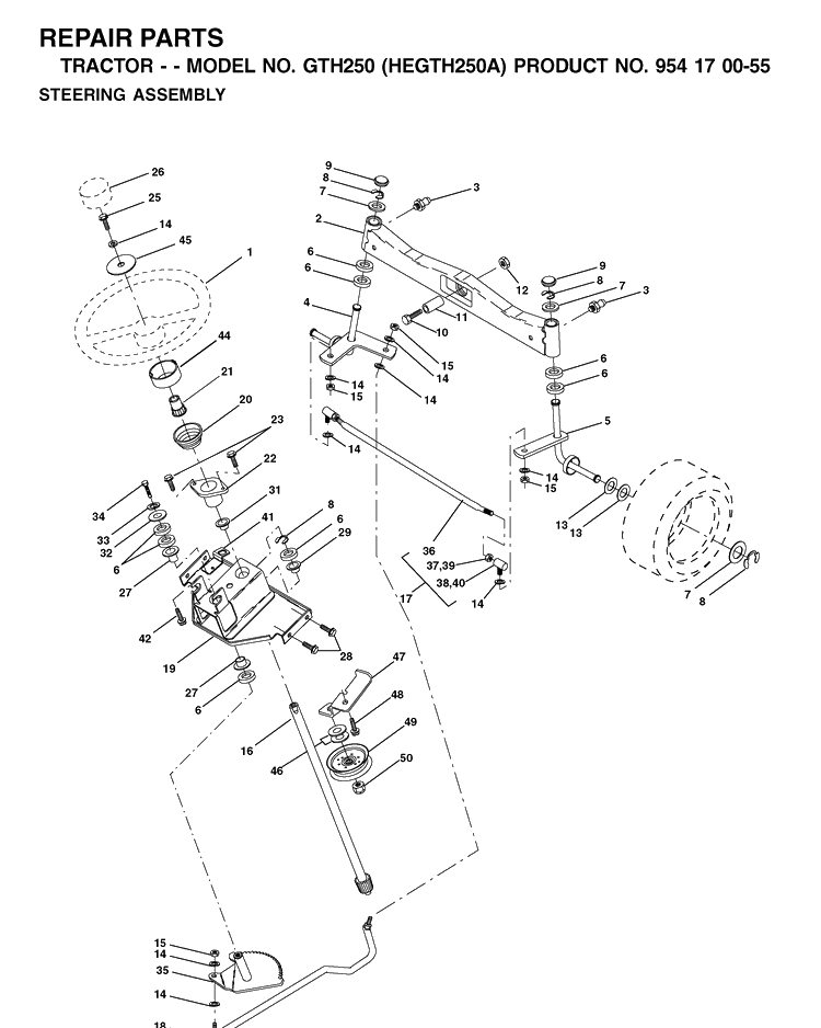 Steering Diagram and Parts List for GTH250 (HEGTH250A)(2002-03) Husqvarna Lawn Tractor