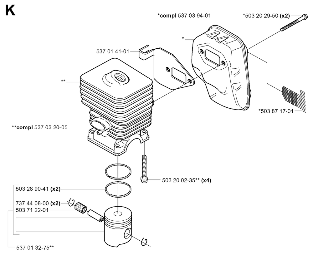 Cylinder, Piston And Muffler Diagram and Parts List for 325HDA55X 20011800001 - 20040100000 Husqvarna Hedge Trimmer